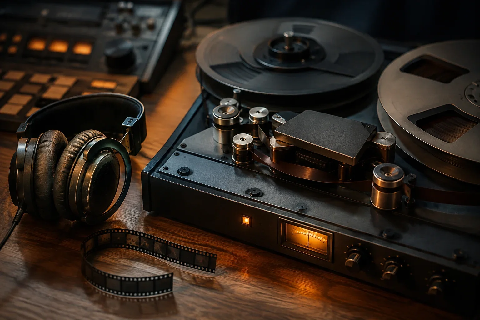 磁带录音机与耳机，作为声音制作专题的主题图（AI 生成，非电影剧照）